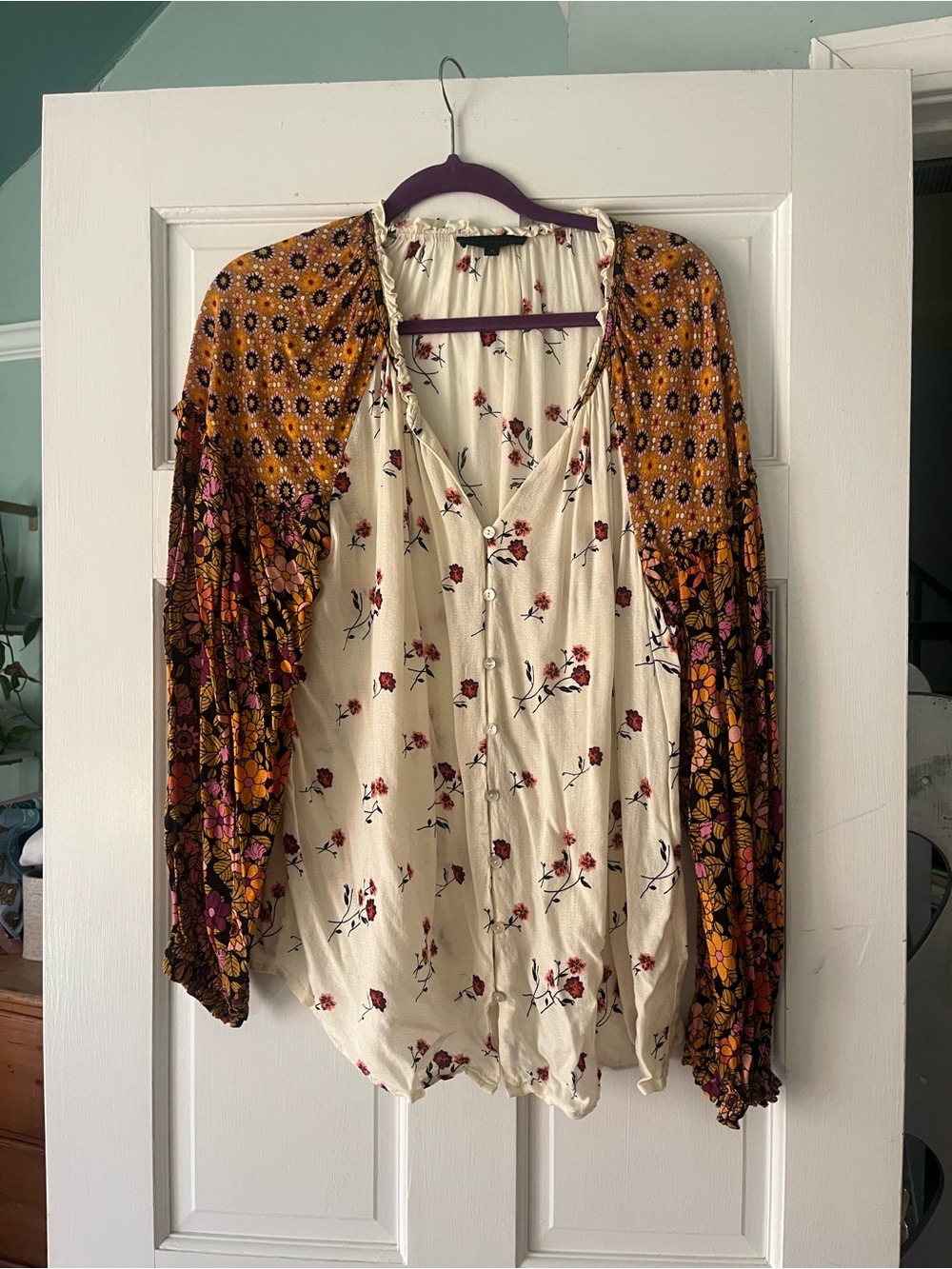 Boho Floral Mixed-Print Long Sleeve Women's Top - Cream & Mustard